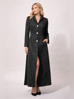 Vtg 60’s Black Matelassé Maxi Evening Coat Rhinestone Buttons Glam Old Hollywood